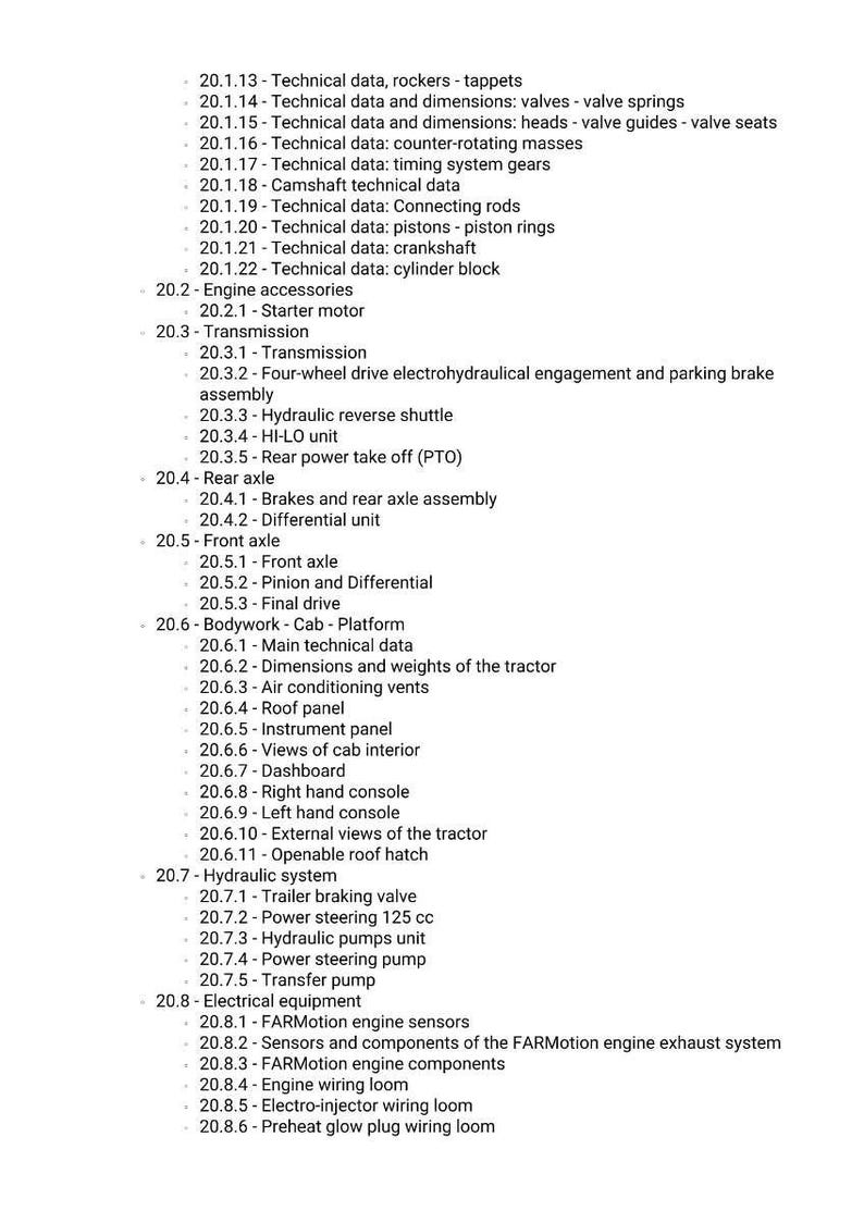 May include: A detailed technical document with a list of tractor components and systems. The text includes sections on the engine, transmission, axles, and bodywork, with sub-sections detailing specific parts and data.
