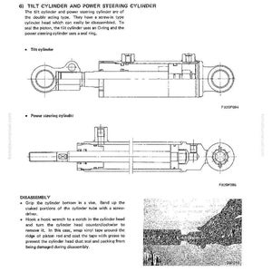 Pu&ograve; includere: Diagramma tecnico di un cilindro di inclinazione e di un cilindro del servosterzo, con disegni dettagliati e istruzioni. L'immagine include etichette e il testo "WORK EQUIPMENT" e "DISASSEMBLY AND ASSEMBLY".