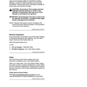 May include: A manual page titled 'Introduction' with sections on safety messages, service literature, and parts. Contains warnings and contact details for John Deere.