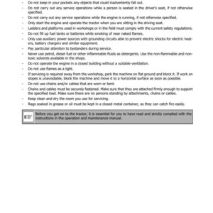 May include: Page from a manual with the title "SECTION 1001" and safety guidelines for tractor operation. Text includes warnings about wearing safety devices, avoiding flammable materials, and ensuring proper servicing procedures.