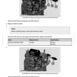 May include: Diagram of an engine component with labels A, B, and C. The image includes text detailing the removal and replacement of parts, with torque specifications of 45 Nm or 33 lb-ft.