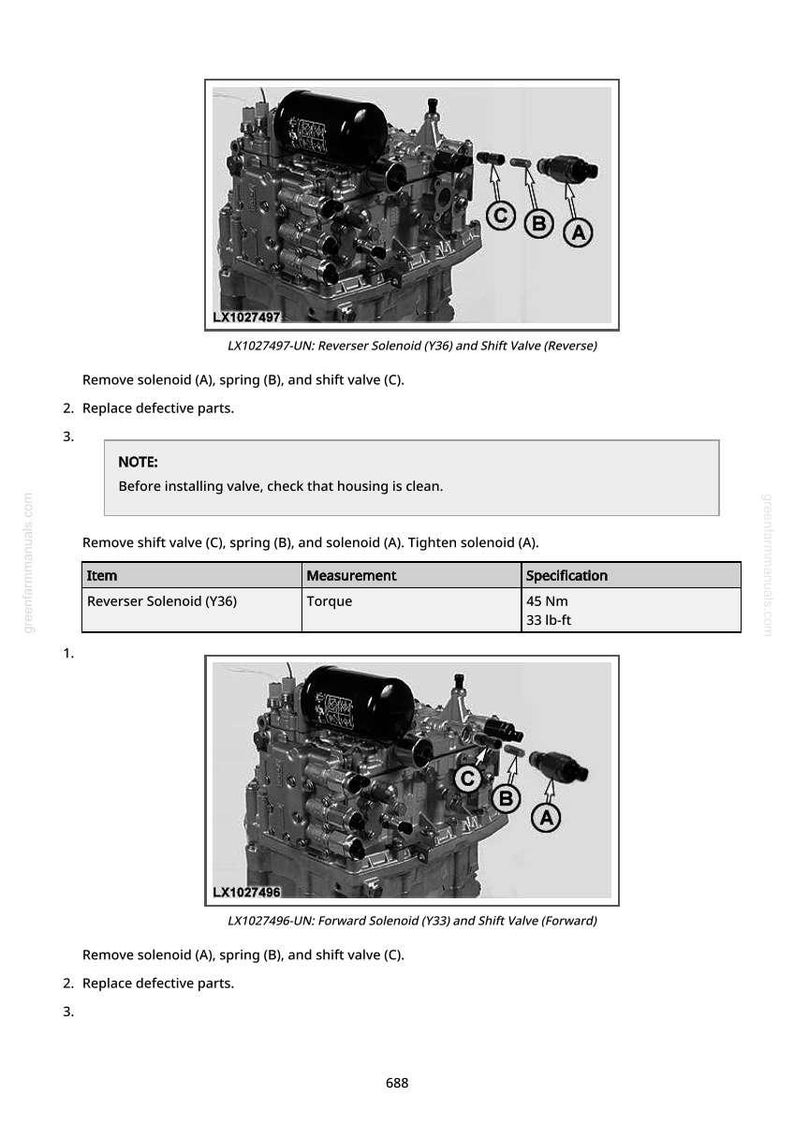 May include: Diagram of an engine component with labels A, B, and C. The image includes text detailing the removal and replacement of parts, with torque specifications of 45 Nm or 33 lb-ft.