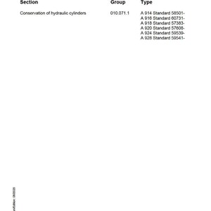 May include: A white service manual page with the title "SUBGROUP - INDEX". The section lists "Conservation of hydraulic cylinders". The group is "010.071.1" and the types are A 914, A 916, A 918, A 920, A 924, and A 928.