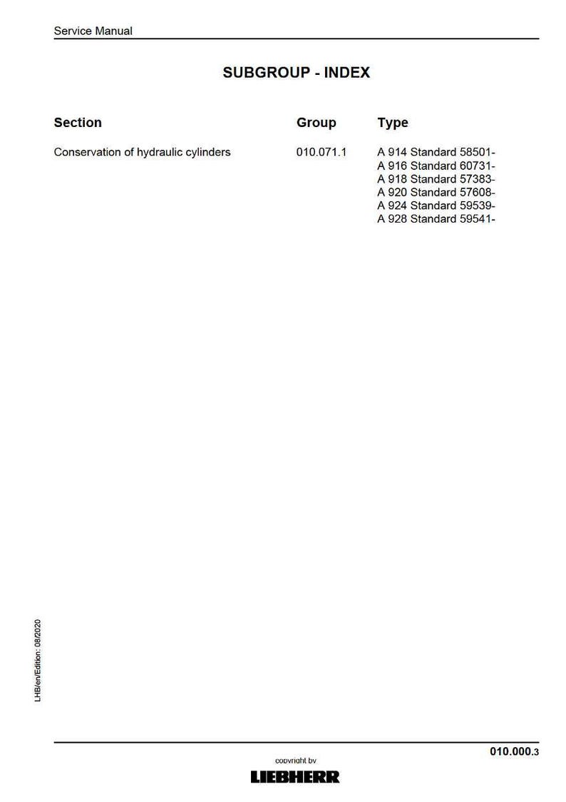 May include: A white service manual page with the title "SUBGROUP - INDEX". The section lists "Conservation of hydraulic cylinders". The group is "010.071.1" and the types are A 914, A 916, A 918, A 920, A 924, and A 928.