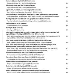 May include: A page from a manual with a list of automotive electrical schematics. The text includes terms like "Instrument Cluster," "Turn Signal Switch," and "Engine Control Unit." Page numbers are visible.