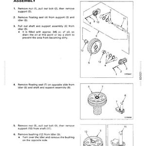 May include: Diagram of idler assembly disassembly steps. Includes illustrations of parts like nuts, bolts, seals, and bushings. Text instructions detail the removal of components for maintenance.