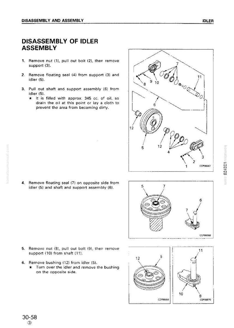 May include: Diagram of idler assembly disassembly steps. Includes illustrations of parts like nuts, bolts, seals, and bushings. Text instructions detail the removal of components for maintenance.