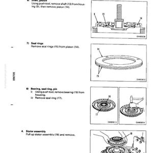 May include: Diagram of torque converter disassembly and assembly, with numbered steps and illustrations. Includes shaft, piston, seal rings, bearing, and stator assembly components. Text instructions accompany each step.