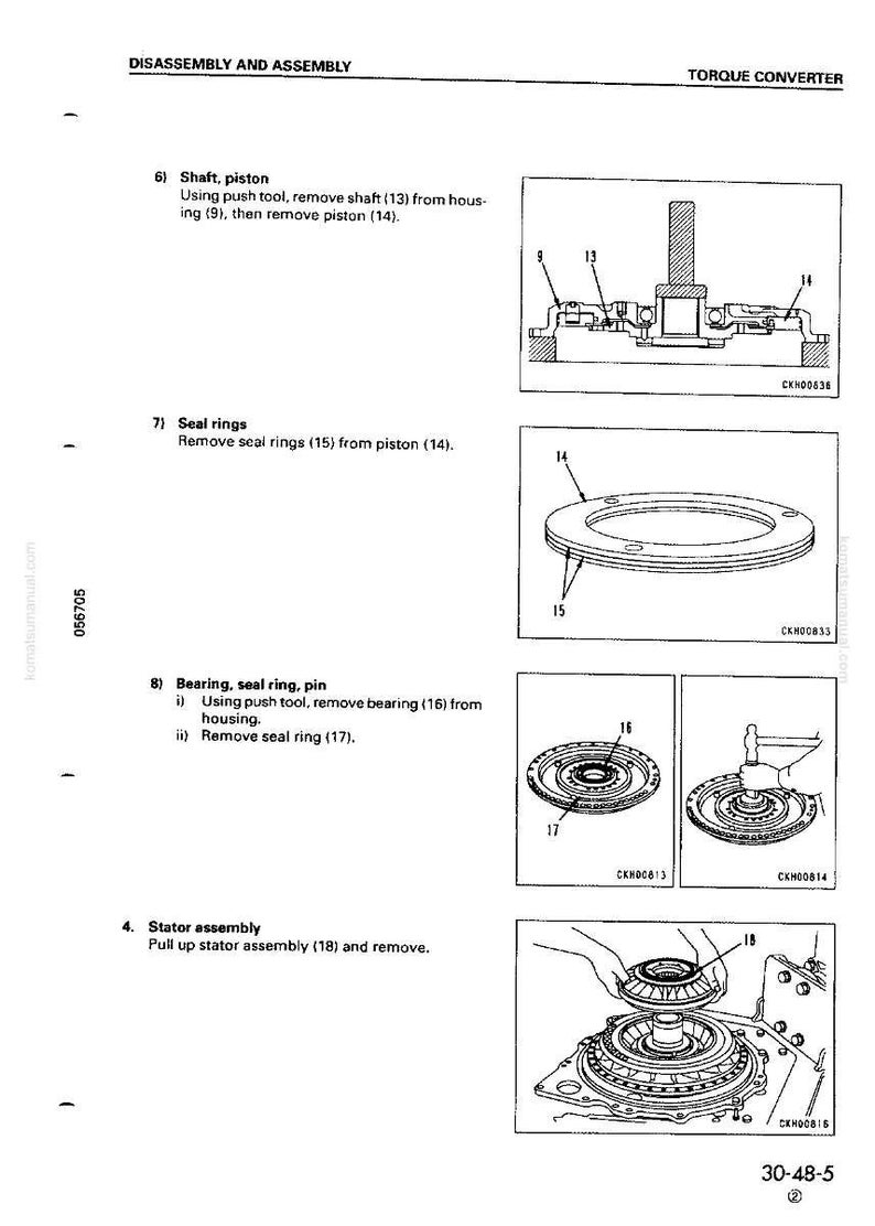 May include: Diagram of torque converter disassembly and assembly, with numbered steps and illustrations. Includes shaft, piston, seal rings, bearing, and stator assembly components. Text instructions accompany each step.