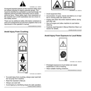 May include: A manual page titled "Safety Labels No-Text" with safety warnings. The page features diagrams and text on avoiding injury from equipment fires, crushing, and loud noise. The page is white with black text and diagrams.