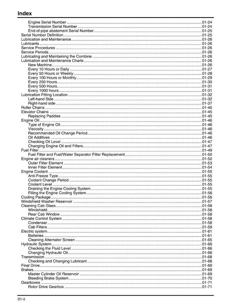 May include: A printed page titled "Index" from a manual, featuring a detailed table of contents. The index lists various topics with corresponding page numbers, such as engine serial number, lubrication, and electrical systems.