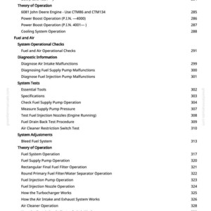 May include: A page from a manual with a table of contents. The text includes sections on system adjustments, theory of operation, fuel and air, and diagnostic information. Page numbers are listed on the right.