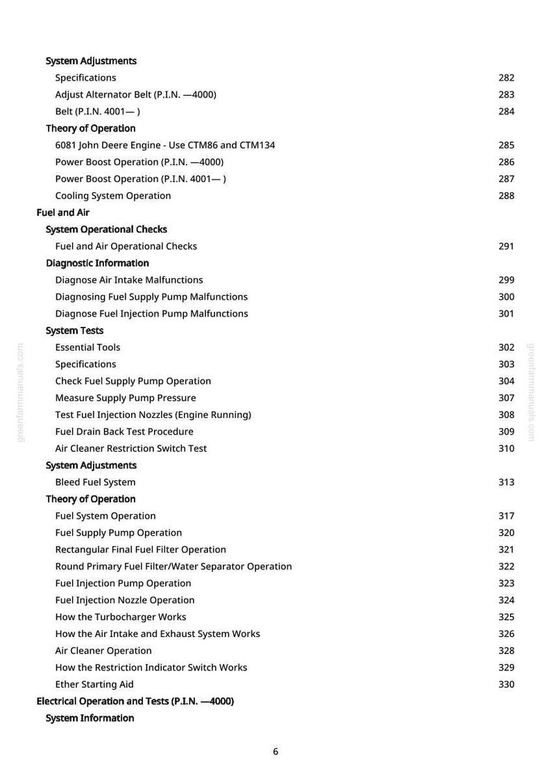 May include: A page from a manual with a table of contents. The text includes sections on system adjustments, theory of operation, fuel and air, and diagnostic information. Page numbers are listed on the right.