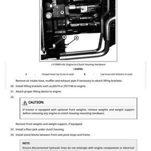 Puede incluir: Diagrama detallado de una carcasa de motor-embrague, que muestra varios componentes y tornillos. Se proporcionan instrucciones para quitar piezas y fijar dispositivos de elevaci&oacute;n. Incluye una advertencia sobre la eliminaci&oacute;n de pesos y una nota sobre las l&iacute;neas hidr&aacute;ulicas.
