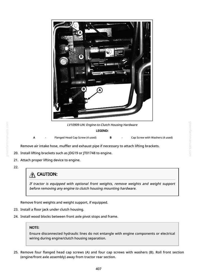 Puede incluir: Diagrama detallado de una carcasa de motor-embrague, que muestra varios componentes y tornillos. Se proporcionan instrucciones para quitar piezas y fijar dispositivos de elevaci&oacute;n. Incluye una advertencia sobre la eliminaci&oacute;n de pesos y una nota sobre las l&iacute;neas hidr&aacute;ulicas.