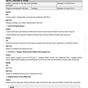 May include: A diagnostic document with a white background and black text. The document details voltage checks, charging system tests, and stepper motor driver tests. Measurements are in volts. The document includes instructions and results for troubleshooting.