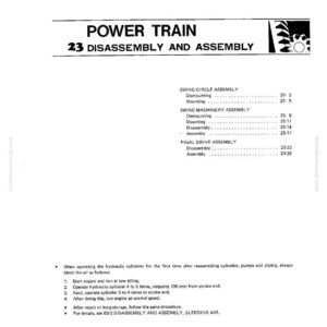 May include: A page from a manual titled "POWER TRAIN 23 DISASSEMBLY AND ASSEMBLY." The document includes sections on swing circle, swing machinery, and final drive assembly, with instructions and diagrams. The text also includes instructions on operating hydraulic cylinders.