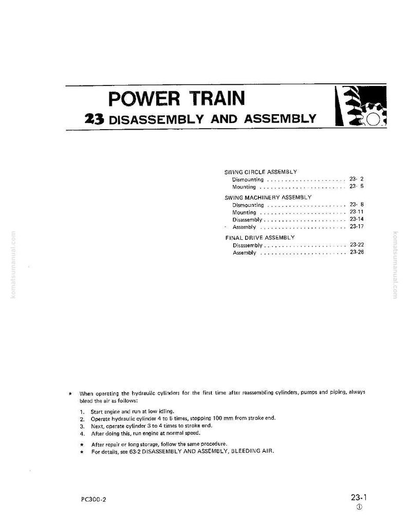 May include: A page from a manual titled "POWER TRAIN 23 DISASSEMBLY AND ASSEMBLY." The document includes sections on swing circle, swing machinery, and final drive assembly, with instructions and diagrams. The text also includes instructions on operating hydraulic cylinders.
