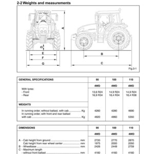May include: Diagram of tractor specifications, including weights and dimensions. The image shows front and side views of a tractor with labeled measurements. Text includes "Tractor identification and technical specifications."