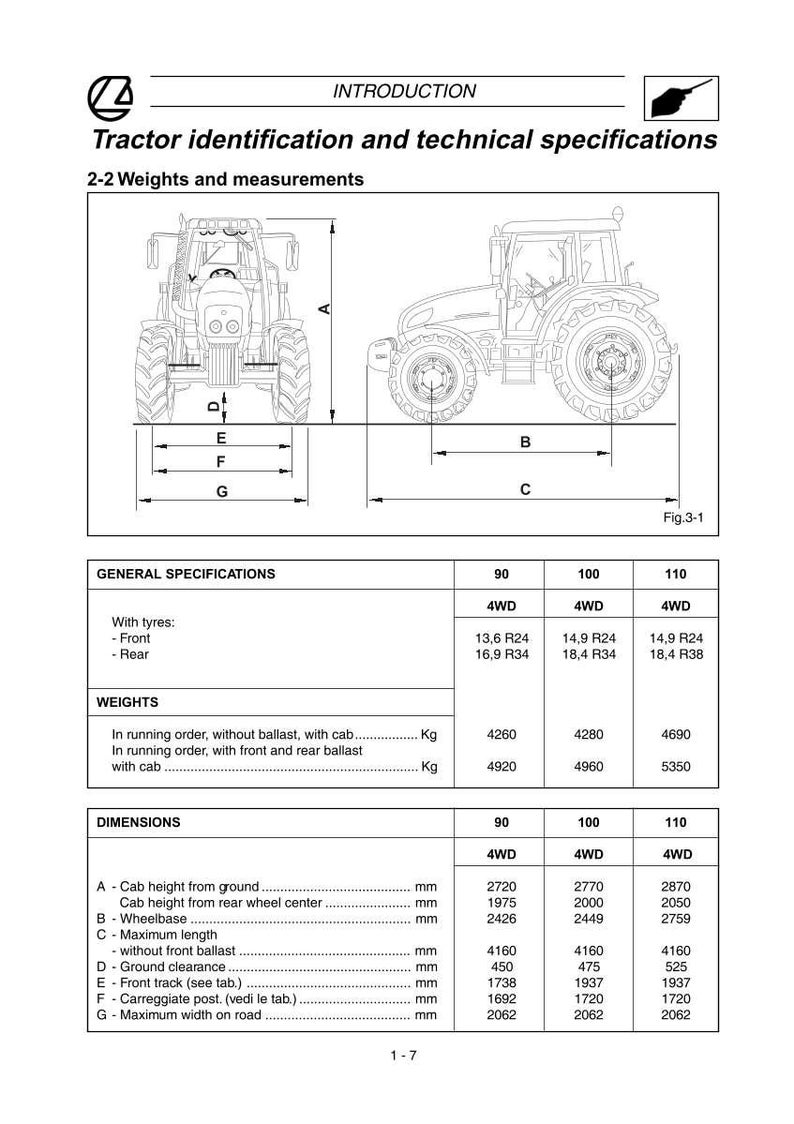 May include: Diagram of tractor specifications, including weights and dimensions. The image shows front and side views of a tractor with labeled measurements. Text includes "Tractor identification and technical specifications."