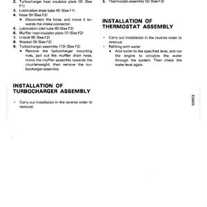 May include: A black and white technical diagram with instructions for removing and installing a turbocharger and thermostat assembly. The text includes numbered steps and diagrams for automotive repair.