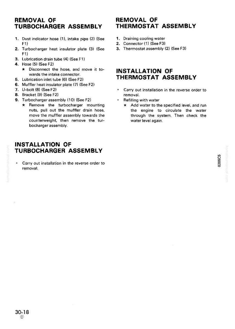 May include: A black and white technical diagram with instructions for removing and installing a turbocharger and thermostat assembly. The text includes numbered steps and diagrams for automotive repair.