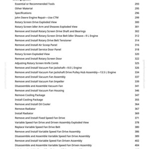 Puede incluir: Una detallada tabla de contenidos de un manual, con fondo blanco y texto negro. La lista incluye temas como "Sistema de refrigeraci&oacute;n", "Retirar e instalar el dep&oacute;sito del compresor de aire" y "Accionamiento del ventilador de velocidad variable". Los n&uacute;meros de p&aacute;gina est&aacute;n a la derecha.