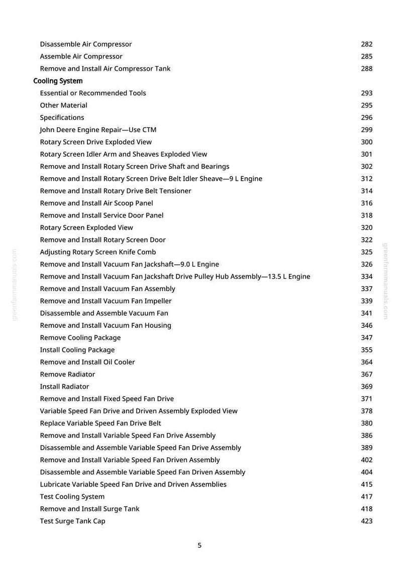 Puede incluir: Una detallada tabla de contenidos de un manual, con fondo blanco y texto negro. La lista incluye temas como "Sistema de refrigeraci&oacute;n", "Retirar e instalar el dep&oacute;sito del compresor de aire" y "Accionamiento del ventilador de velocidad variable". Los n&uacute;meros de p&aacute;gina est&aacute;n a la derecha.