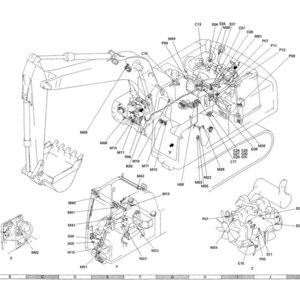 May include: Detailed technical diagram of an excavator, featuring various components labeled with alphanumeric codes. The image is a black and white line drawing, showcasing the machine's structure, including the bucket, arm, and engine components. The diagram is for reference.
