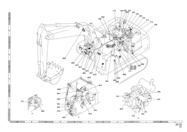 May include: Detailed technical diagram of an excavator, featuring various components labeled with alphanumeric codes. The image is a black and white line drawing, showcasing the machine's structure, including the bucket, arm, and engine components. The diagram is for reference.
