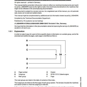 May include: A page from a service manual, titled "Introduction" and "Service Manual". It features text, diagrams, and a copyright notice from LIEBHERR. The manual is for internal use and provides information on excavators, including engine details.