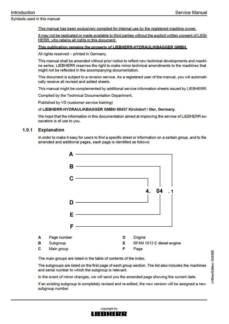 May include: A page from a service manual, titled "Introduction" and "Service Manual". It features text, diagrams, and a copyright notice from LIEBHERR. The manual is for internal use and provides information on excavators, including engine details.