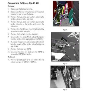 May include: A page from a service manual with instructions for removing and refitting a fender and ROPS. The text includes numbered steps and diagrams labeled Fig 21, Fig 22, and Fig 23. The manual is for an MF 268 Xtra Work shop.