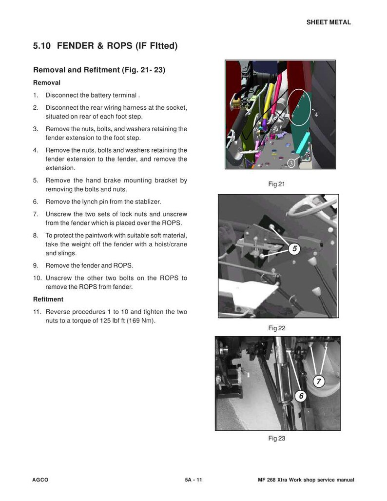 May include: A page from a service manual with instructions for removing and refitting a fender and ROPS. The text includes numbered steps and diagrams labeled Fig 21, Fig 22, and Fig 23. The manual is for an MF 268 Xtra Work shop.