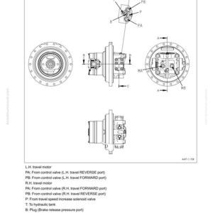 May include: Technical diagram of a travel motor, labeled with various components including control valves, pressure ports, and a hydraulic tank. The diagram includes multiple views of the motor, with detailed annotations for each part.