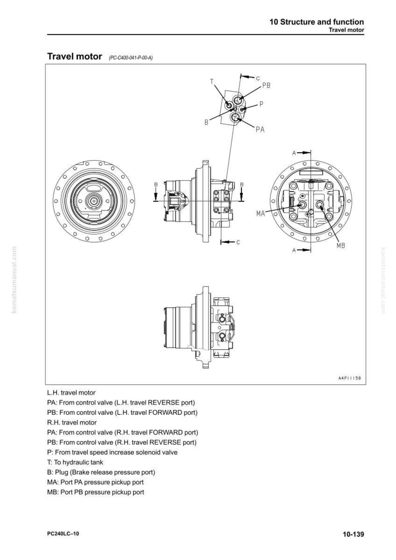 May include: Technical diagram of a travel motor, labeled with various components including control valves, pressure ports, and a hydraulic tank. The diagram includes multiple views of the motor, with detailed annotations for each part.