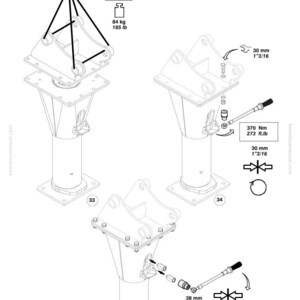 Pu&ograve; includere: Diagramma tecnico dei componenti dei macchinari Komatsu. L'immagine mostra tre diverse viste di un componente meccanico con misure in millimetri e chilogrammi. Include specifiche di coppia e numeri di parte.