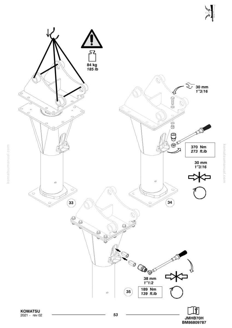 Pu&ograve; includere: Diagramma tecnico dei componenti dei macchinari Komatsu. L'immagine mostra tre diverse viste di un componente meccanico con misure in millimetri e chilogrammi. Include specifiche di coppia e numeri di parte.