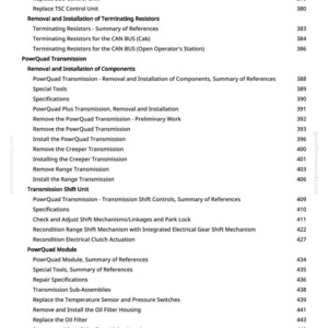 Może przedstawiać: Szczeg&oacute;łowy spis treści z greenfarmmanuals.com, wymieniający r&oacute;żne procedury napraw i konserwacji. Tematy obejmują wymianę jednostek sterujących, komponenty przekładni PowrQuad i procedury jednostki zmiany bieg&oacute;w. Numery stron są uwzględnione.