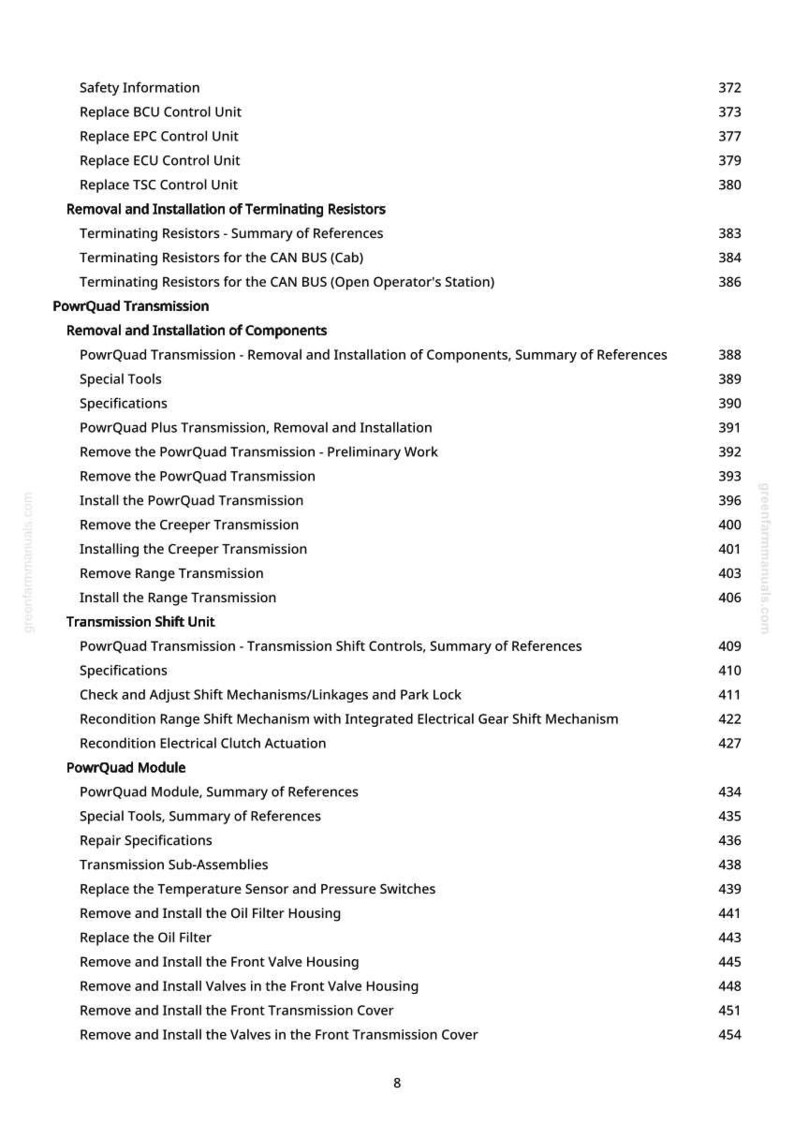 Może przedstawiać: Szczeg&oacute;łowy spis treści z greenfarmmanuals.com, wymieniający r&oacute;żne procedury napraw i konserwacji. Tematy obejmują wymianę jednostek sterujących, komponenty przekładni PowrQuad i procedury jednostki zmiany bieg&oacute;w. Numery stron są uwzględnione.