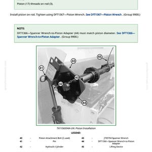 May include: Diagram of piston installation with labeled parts. Includes a hydraulic cylinder, spanner wrench, and adapter. Text provides instructions for assembly and tightening specifications.