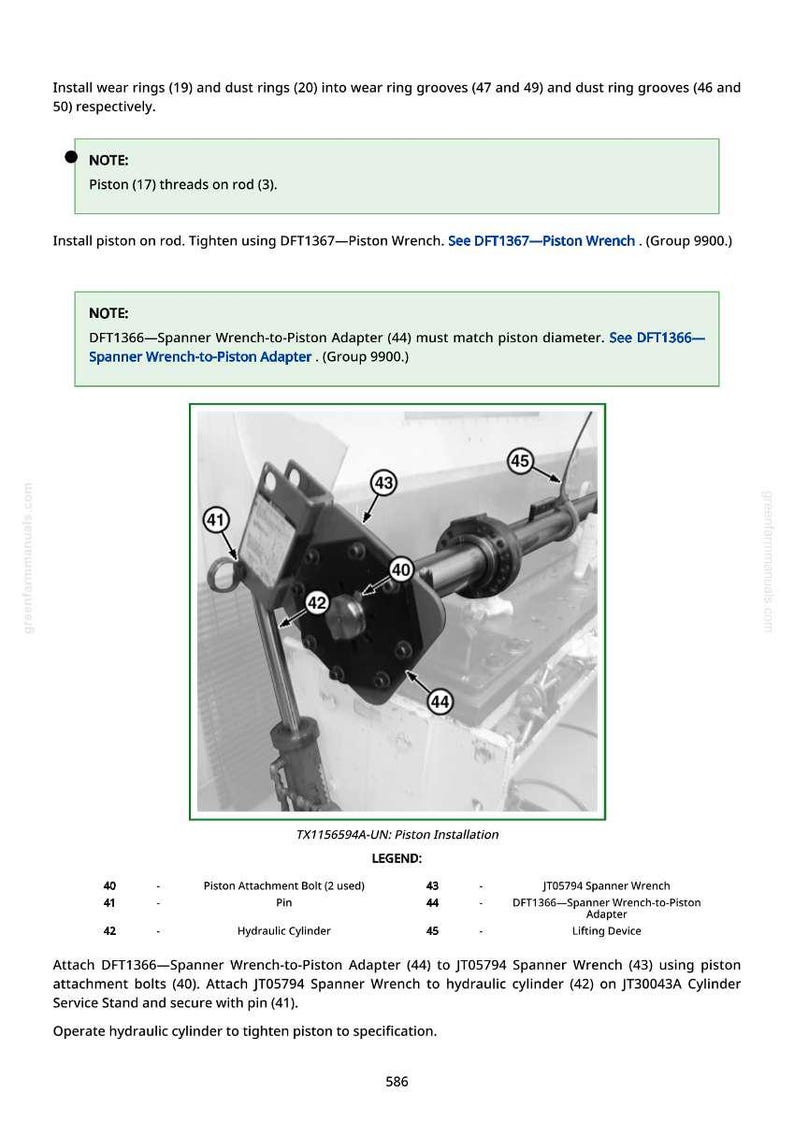 May include: Diagram of piston installation with labeled parts. Includes a hydraulic cylinder, spanner wrench, and adapter. Text provides instructions for assembly and tightening specifications.