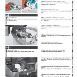 K&ouml;nnte beinhalten: Eine Seite aus einem Handbuch mit Diagrammen und Anweisungen zur Demontage eines Federungssystems. Die Bilder zeigen Werkzeuge und Teile, mit Text in mehreren Sprachen.