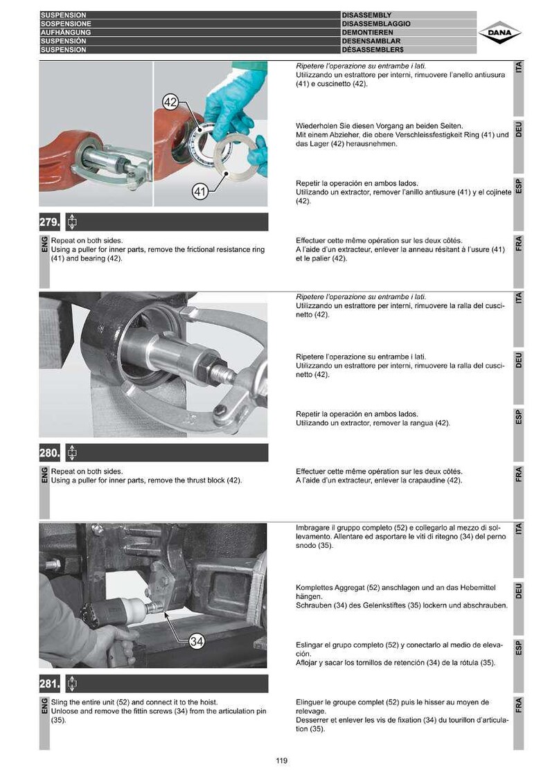 K&ouml;nnte beinhalten: Eine Seite aus einem Handbuch mit Diagrammen und Anweisungen zur Demontage eines Federungssystems. Die Bilder zeigen Werkzeuge und Teile, mit Text in mehreren Sprachen.