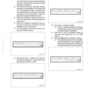 May include: Technical diagram with instructions for adjusting the interval of fan automatic reverse operation. Includes steps for selecting settings using [<] and [>] switches, and the display of the TUNING screen. The text includes measurements in hours.