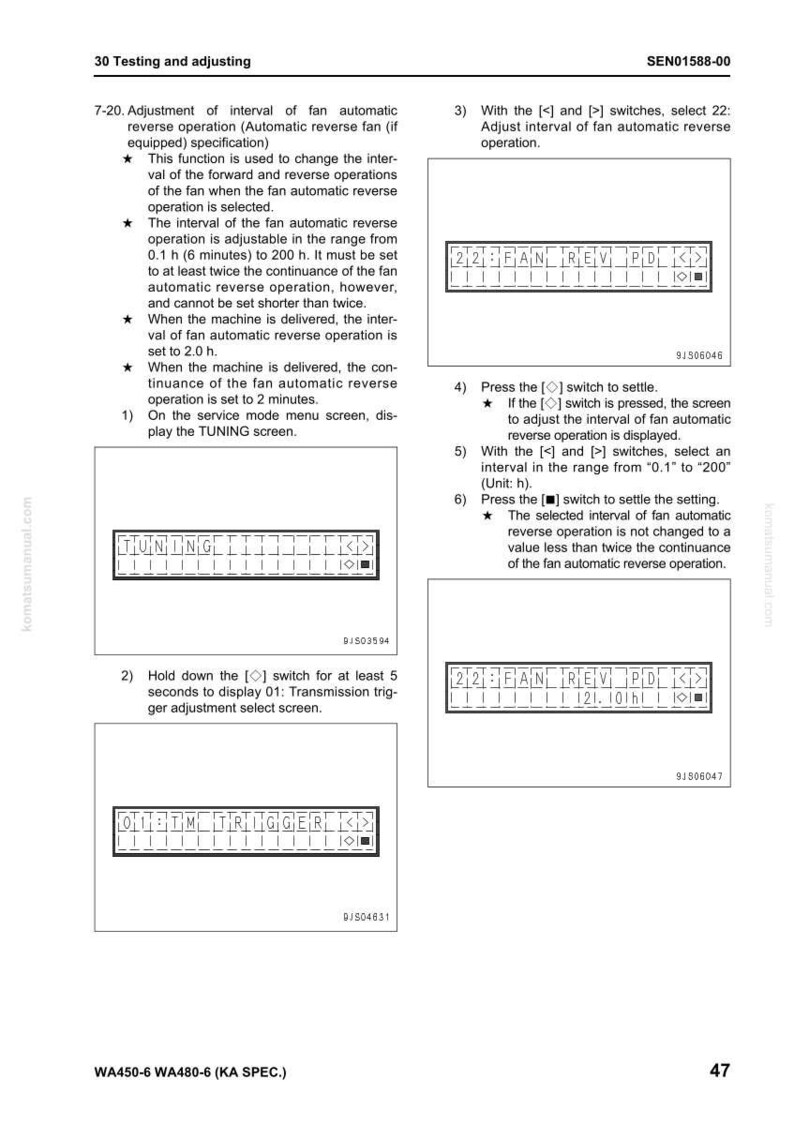 May include: Technical diagram with instructions for adjusting the interval of fan automatic reverse operation. Includes steps for selecting settings using [<] and [>] switches, and the display of the TUNING screen. The text includes measurements in hours.