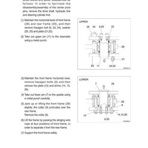 May include: Diagram of a mechanical assembly process, with detailed illustrations and numbered steps. The image includes labeled components, such as bolts, pins, and frames, with accompanying text describing the disassembly procedure.
