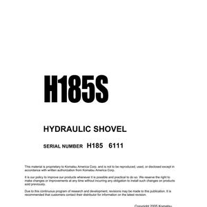 Pu&ograve; includere: Un manuale di officina bianco con il titolo "Shop Manual" in alto. Il manuale presenta il testo in grassetto "H185S" e "HYDRAULIC SHOVEL". Il numero di serie &egrave; H185 6111. Copyright 2005 Komatsu, stampato negli Stati Uniti.