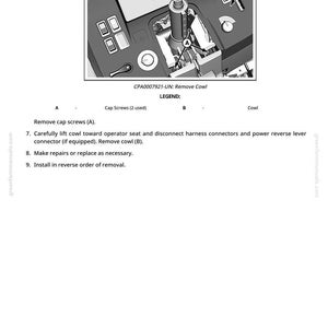 Może przedstawiać: Szczeg&oacute;łowy schemat komponentu maszyny z tekstem "CPA0007921-UN: Remove Cowl." Obraz przedstawia wnętrze maszyny, z oznaczeniami A i B wskazującymi części. Dołączono instrukcje dotyczące demontażu osłony.