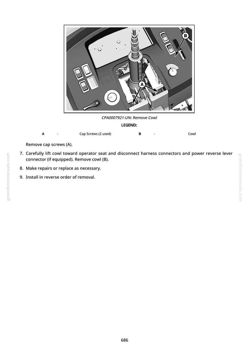 Może przedstawiać: Szczeg&oacute;łowy schemat komponentu maszyny z tekstem "CPA0007921-UN: Remove Cowl." Obraz przedstawia wnętrze maszyny, z oznaczeniami A i B wskazującymi części. Dołączono instrukcje dotyczące demontażu osłony.